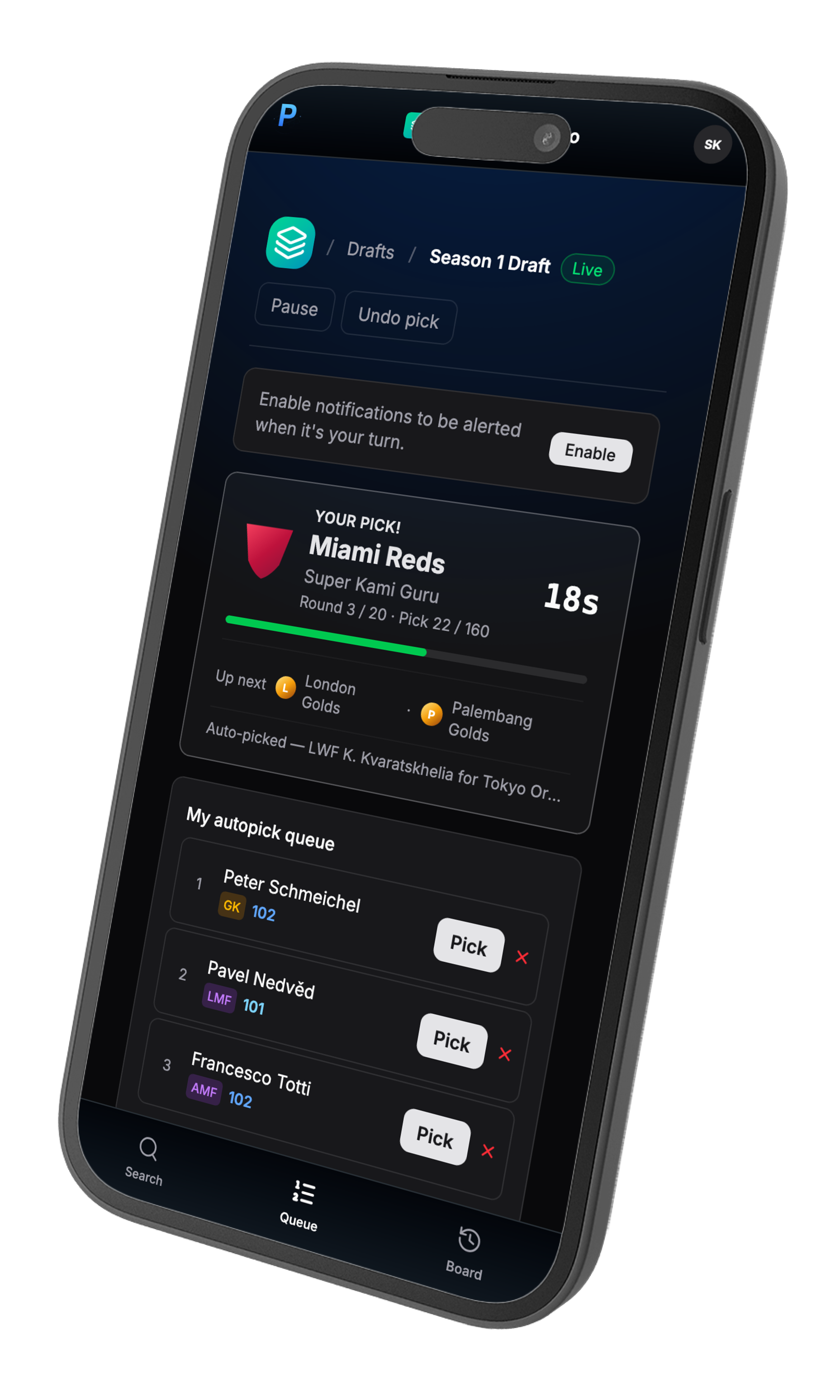 Live draft on mobile and tablet